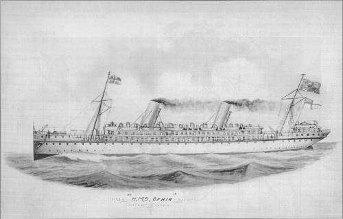 HMS Ophir, Royal Yacht transporting Their Royal Highnesses, the Duke and Duchess of Cornwall and York on their voyage around the British Empire. (Drawing by Petty Officer Harry Price RN) 