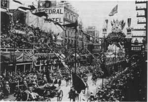 The Duke and Duchess of York's procession down Swanston Street, Melbourne, in May 1901, prior to the opening of the first session of the new Federal Parliament in Melbourne. (Federal Parliament did not move to Canberra until 1927)