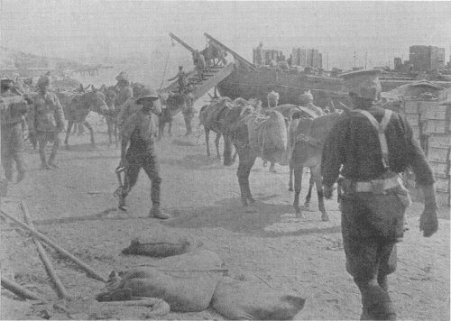 Beach landing operations by X lighter at Anzac Cove 1915.
