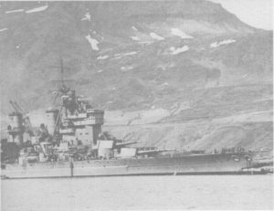 Battleship HMS King George V showing damage incurred after collision with HMS Punjabi