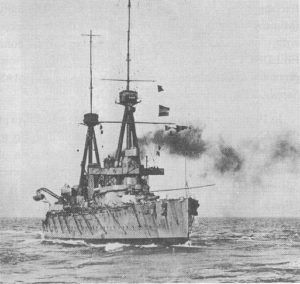 HMS Inflexible, one of Admiral Sturdee's two battlecruisers at the Battle of the Falklands, 1914