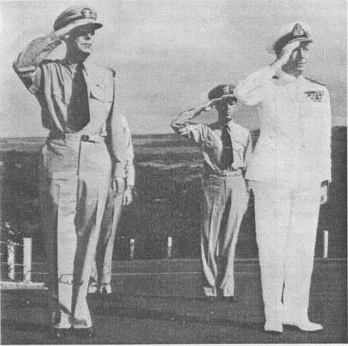 Rear Admiral John Collins with Admiral Arthur Radford at CINCPACFLT Headquarters, Pearl Harbour, 1951. (RAN)