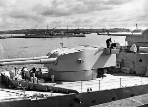Forward 8-inch turrets aboard HMAS Canberra