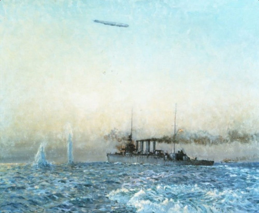 HMAS Sydney in its fight with a Zeppelin in the North Sea by Charles Bryant