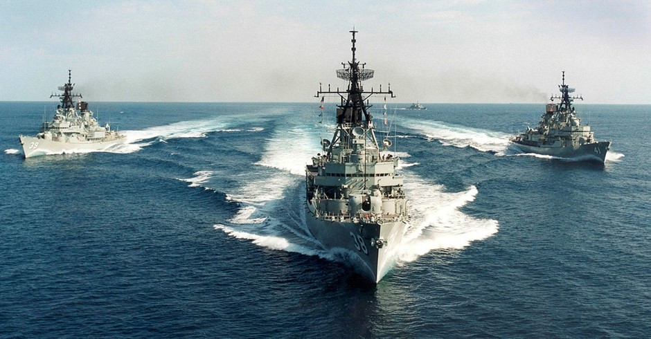 RAN Guided Missile Destroyers (DDG) HMA Ships Hobart, Peth and Brisbane. RAN image