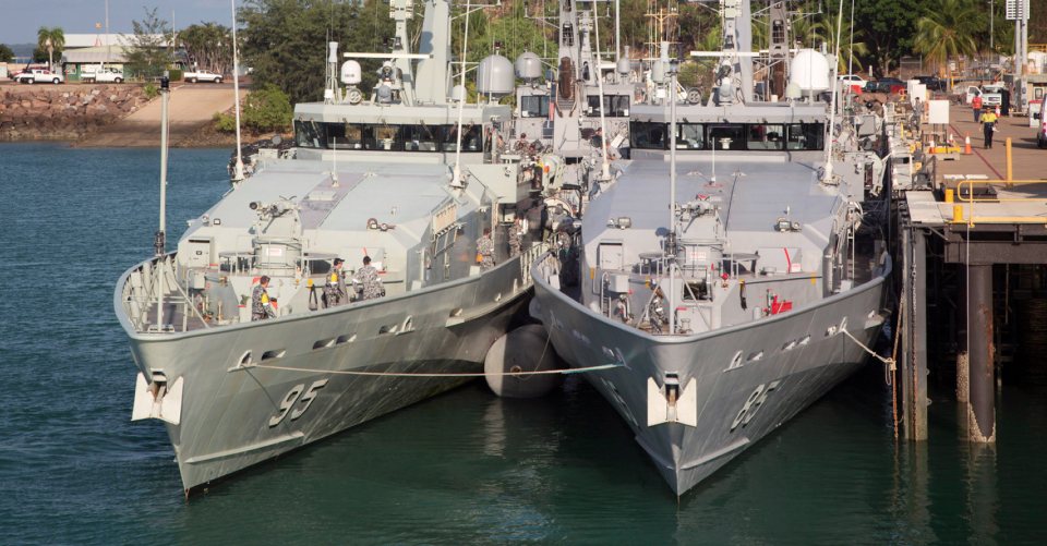HMAS Maryborough prepares to depart the attack wharf at HMAS Coonawarra, Northern Territory.