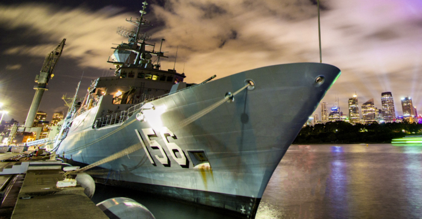 HMAS Toowoomba alongside Fleet Base East during the Sydney Vivid Festival 2017.