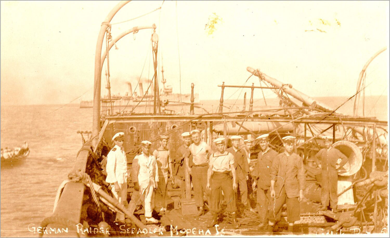 Crew from HMAS Encounter aboard the German raider Seedier at Mopelia Island. 