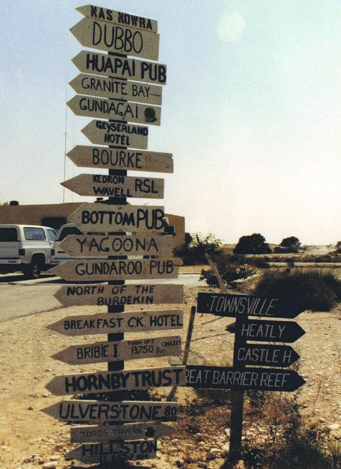 The direction sign outside the Australian ‘Surf Club’ at El Gorah; note the sign on top points to the Naval Air Station Nowra 