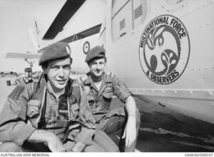 Sub-Lieutenant Alan Fisher and Flying Officer Murray Joel prior to boarding their helicopter for a patrol.