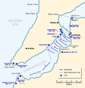 The Dardanelles defenses in February/March 1915, showing minefields, anti-submarine nets and major gun batteries. (Wikipedia)