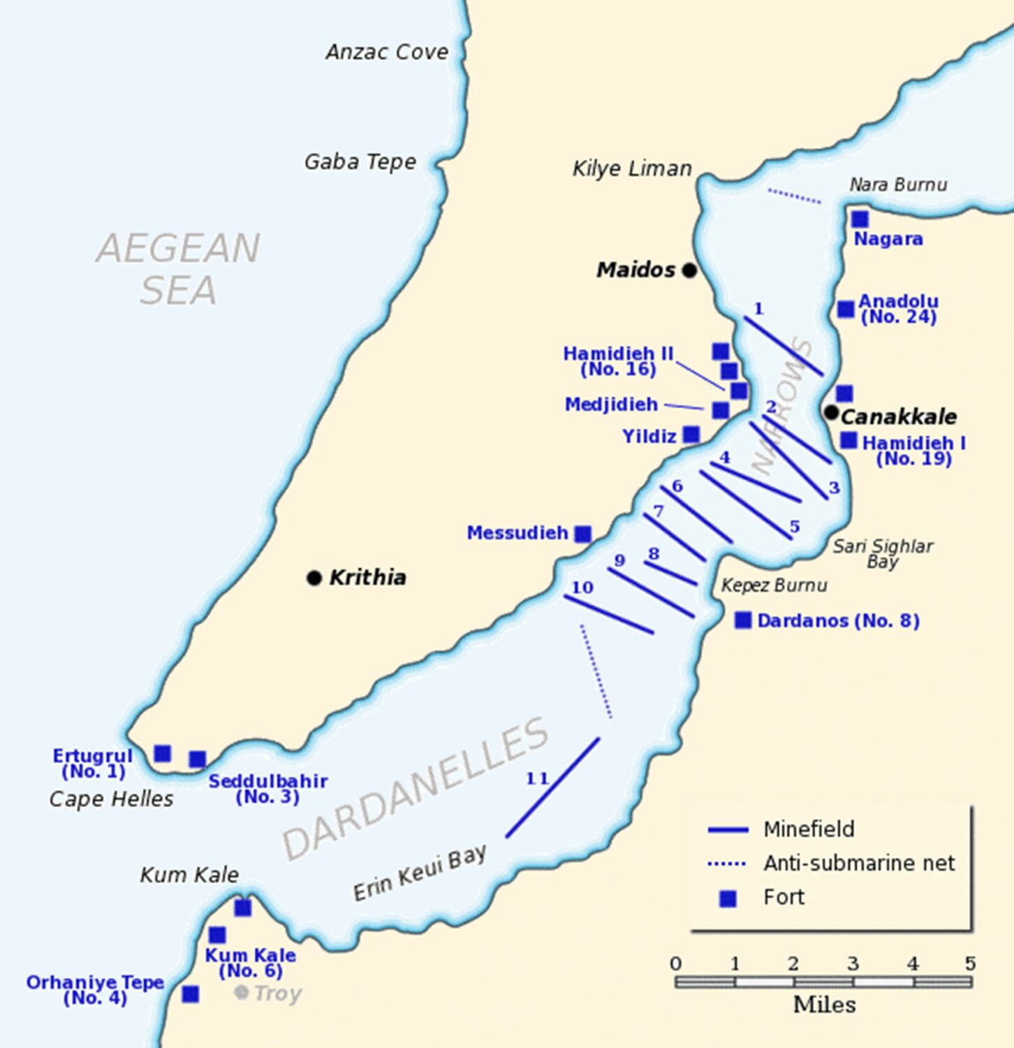 The Dardanelles defenses in February/March 1915, showing minefields, anti-submarine nets and major gun batteries. (Wikipedia)