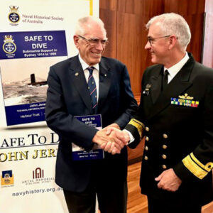 RAN Fleet Commander, Rear Admiral Christopher Smith, AM, CSM, RAN, and John Jeremy AM, at the official book launch for Safe to Dive, held at the Anzac Memorial in Sydney on 5 June 2023.