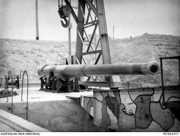 An 8" naval gun barrel ready for fitting to the mounting at the proof and experimental establishment during the 8" gun proof firing programme.