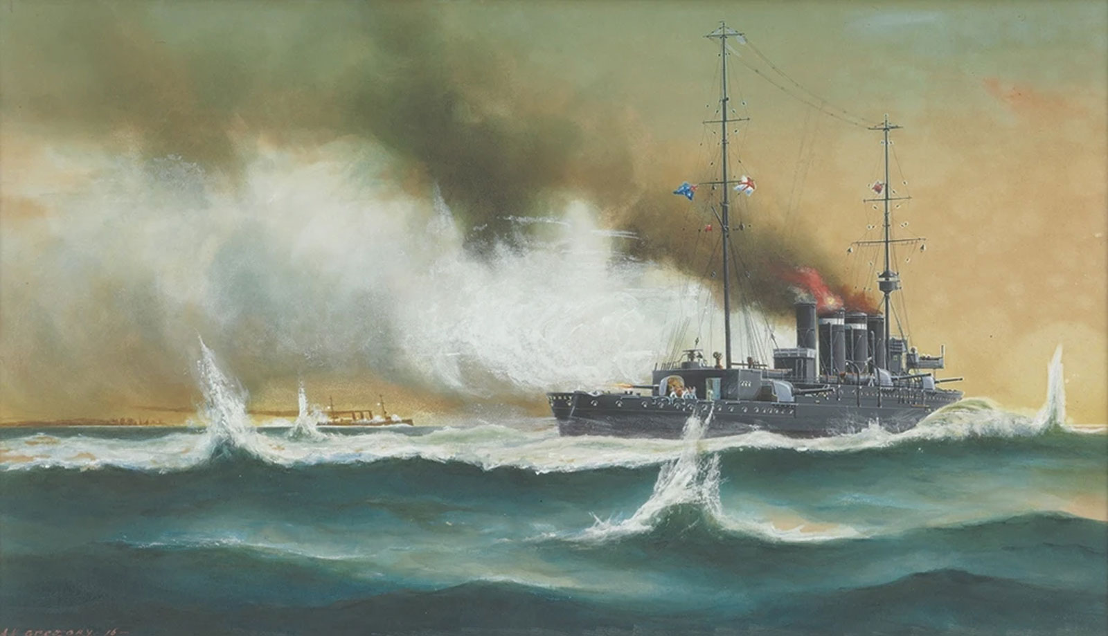 HMAS Sydney Engaging the German Cruiser SMS Emden, Off Cocos Island, Indian Ocean by Arthur Victor Gregory