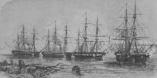 HM ships Conflict, Desperate, Archer and Gorgon of the Courland Squadron are depicted bombarding, Russian defences on the Balder River, near Riga. Gorgon is a paddle wheeler while her three companions are screw. The illustration appeared in the November, 1854, edition of the London Illustrated News.