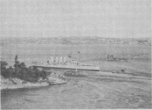 "AUSTRALIA" passing Fort Denison on her way to sea. 4.12.34