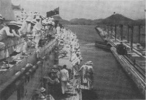 Crossing from the Pacific to the Atlantic was made through the Panama Canal. Here we see "AUSTRALIA" entering the Gatun Locks, with the crew wearing the old standard sun helmet. 4.3.35.
