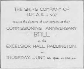 CENSORSHIP AT WORK: Warship J.207 would NOT be identified as HMAS Mildura on this 1944 invitation to the corvette's commissioning anniversary ball at Paddington, NSW.