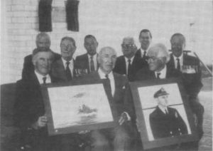 From Left to Right: Admiral Sir Anthony Syynot K.B.E., A.O., Rear Admiral W. D. H. Graham, C.B.E., Captain L. M. Hinchliffe, D.S.C., David Hopkins, Secretary of H.M.A.S. Australia Assoc., Admiral Sir Victor Smith, A.C., K.B.E., C.B., D.S.C., Rear Admiral W. J. Dovers, C.B.E., D.S.C., Commodore Peter Dechiaineux, A.M., Vice Admiral Richard Peek, K.B.E., C.B., D.S.C., Commodore Ian Burnside, O.B.E. (Photo taken on 29/9/1989 at the A.D.F.A. by Alan Zammit)
