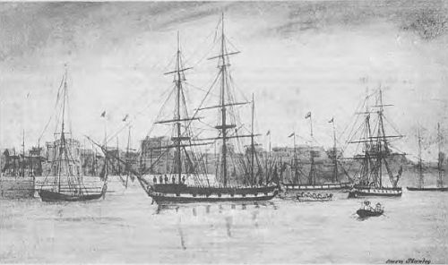 HMS BEAGLE, off Fort Macquarie, Sydney. Watercolour by Owen Stanley, whose name was given to the ranges in New Guinea.