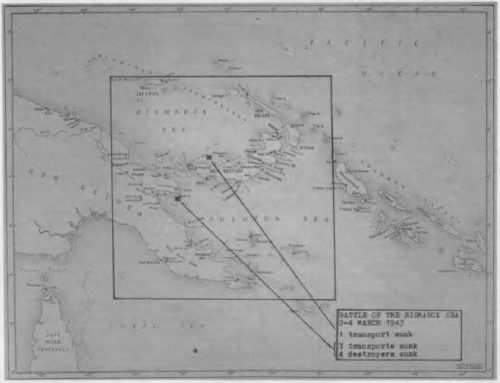 Map showing the location of ships sunk during the Battle of the Bismark Sea
