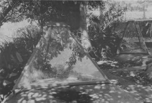Glass pyramids protecting initials engraved on rocks, northern hill, Garden Island.