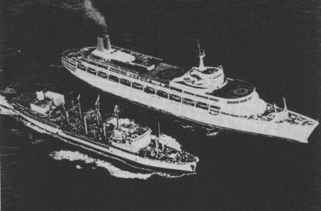 A feature of the British effort to retake the Falklands was the use of ships converted from their normal civilian uses. One of the best known of these was the cruise liner Canberra, shown here during a refueling operation, which became a troop transport with a minimum of conversion work.