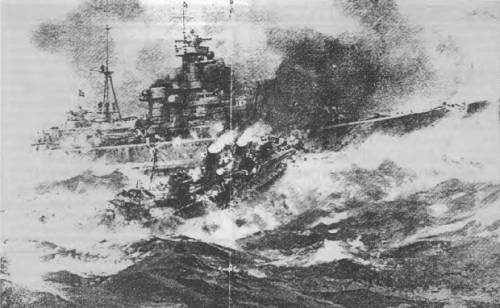 The 1,345-ton destroyer Glowworm ramming the 10,000-ton German cruiser Hipper after a single-handed duel at point-blank range. Lieutenant-Command Gerard Roope won a posthumous VC for his action ( C. E. Turner, Illustrated London News, 21 July 1945).