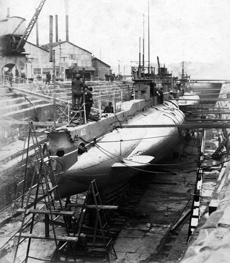 Australia’s first submarines, AE1 and AE2, together in the Fitzroy Dock in June 1914