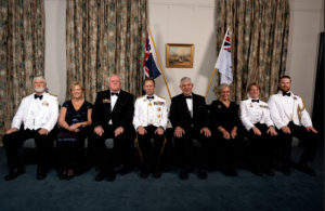 CDRE Brett Dowsing, Dr Heather Rogers, Mr Nigel Rogers, President WA Chapter, VADM Michael Noonan Chief of Navy and Patron; Roger Jardine-Clarke, Susan Franklin, WO Deborah Butterworth, Warrant Officer of Navy, LEUT Matthew Dodds, Flag Lieutenant to Chief of Navy