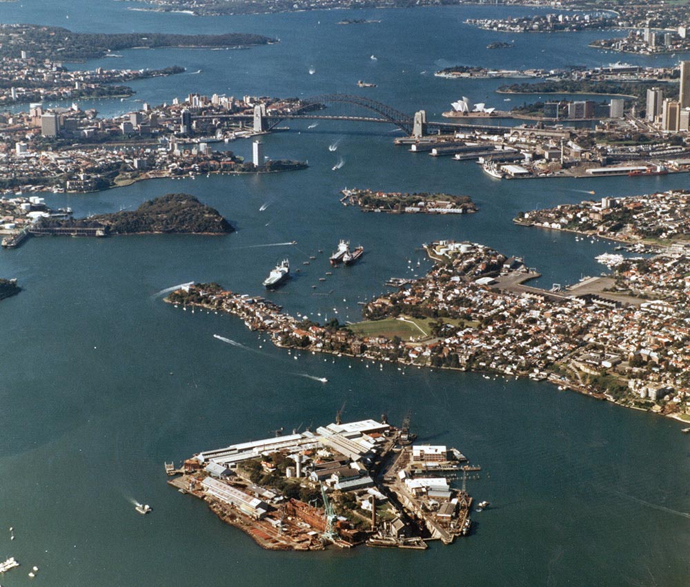 Aerial view of Cockatoo Island, with a view towards Watsons Bay