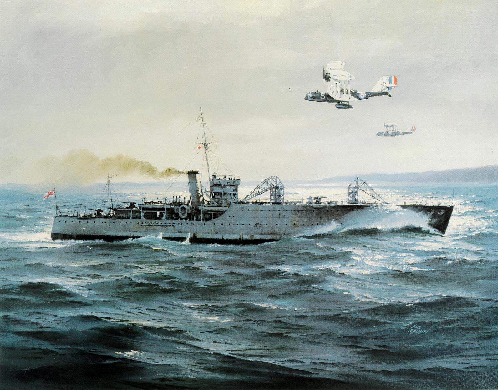 HMAS Albatross (l) operating her Sea Gull III amphibian aircraft by Phil Belbin