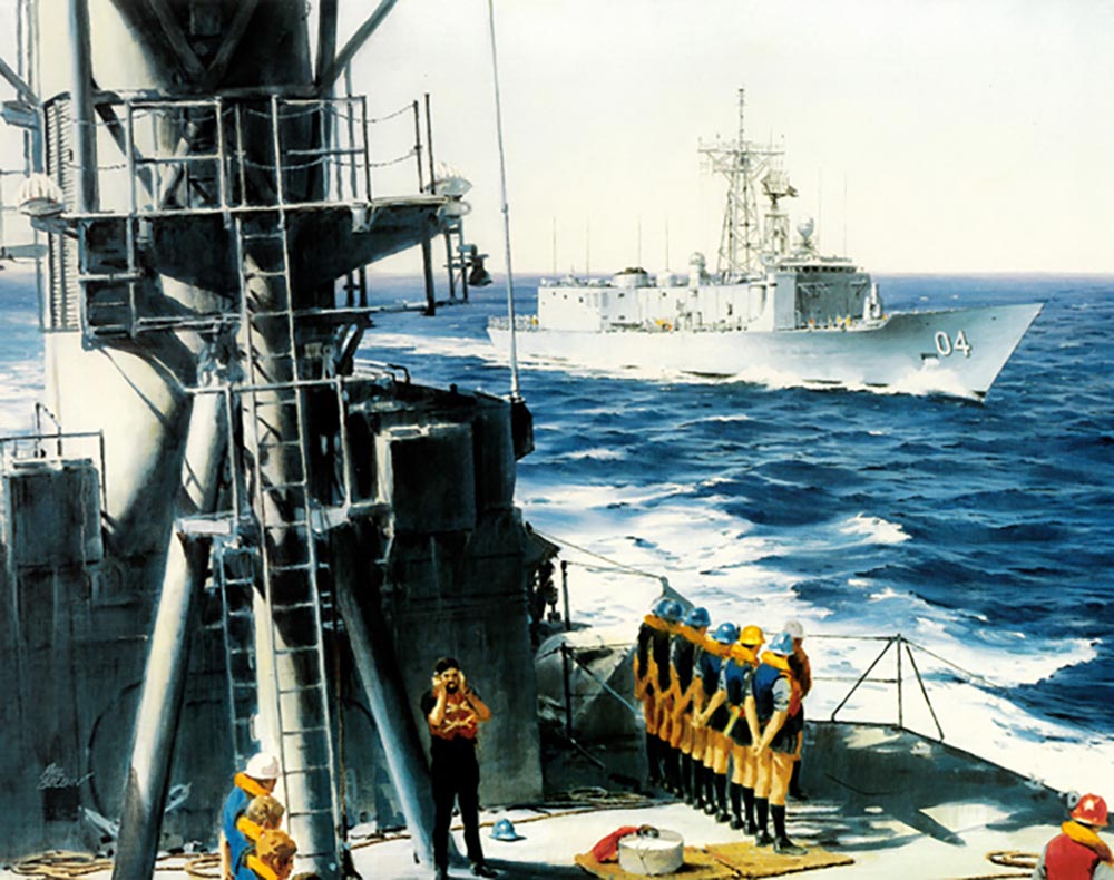 HMAS Darwin engaging in a personnel transfer by Phil Belbin