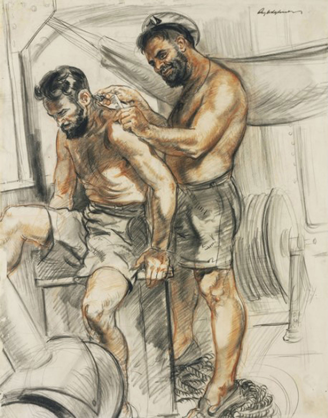 Signaller Petty Officer Bradbury, RANR, is cutting Signaller Campbell's hair by Roy Hodgkinson