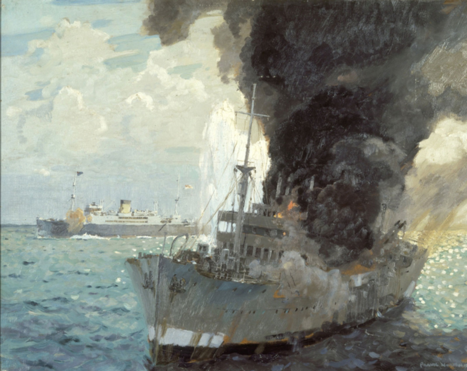 HMAS Manoora sinking merchant vessel Romolo by Frank Norton