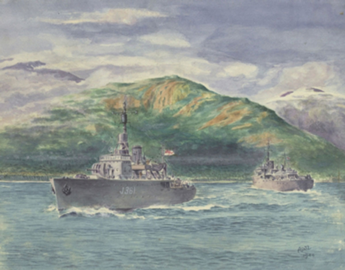 Corvettes off New Guinea (HMAS Parkes in foreground) by A W Lette