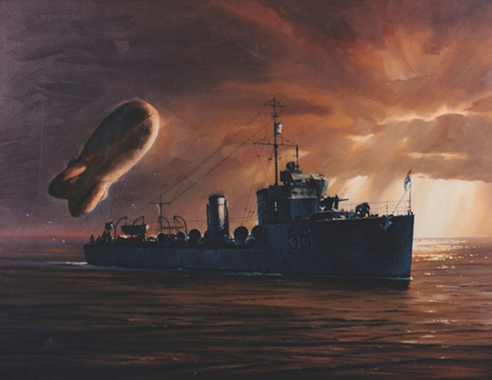 HMAS Parramatta deploying kite balloon by Phil Belbin