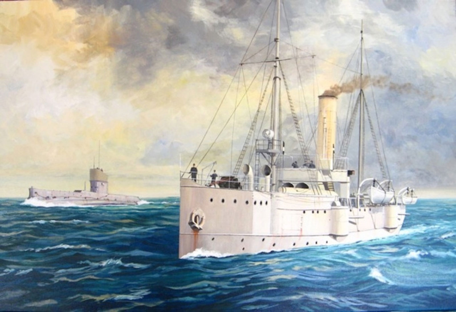 HMAS Protector in company with one of Australia's E Class submarines during the expedition to seize German possessions in New Britain by John Ford