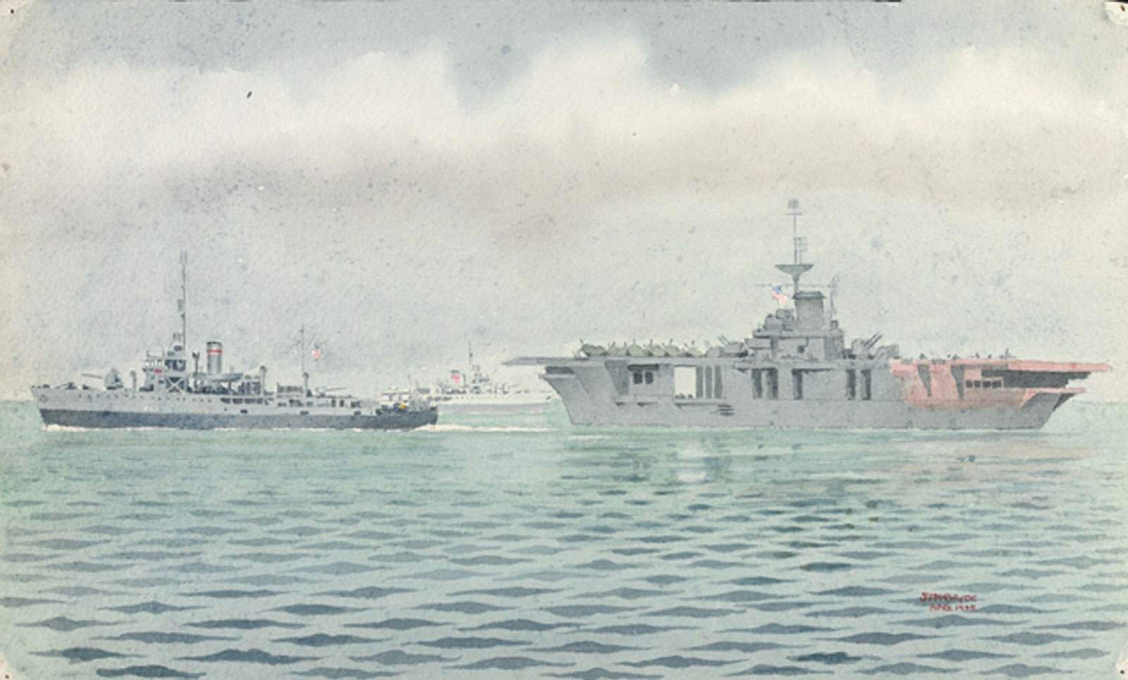 HMAS Whyalla (left) and Kalgoorlie (centre) with USS Randolph (right) by John McBryde