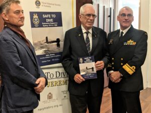 John Jeremy with RADM Chris Smith at the book launch of 'Safe To Dive' 5th. June 2023
