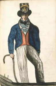 Bosun’s Mate, c1812. Note the rope ‘starter’ in his right hand, and the ship’s name and badge painted on his hat.