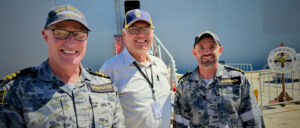 President David Michael with tour Guides, Lieutenant Rob Drinkwater and SBLT Ben Anderson on completion of NHSA Visit to HMAS Adelaide - 16th. March 2023 - Mark Lee photographer