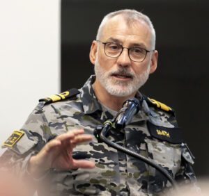 Commander Australian Fleet, Rear Admiral Christopher Smith, AM, CSM, RAN addresses guests during the Naval Historical Society website launch held at the Castlereagh Boutique Hotel, Sydney.