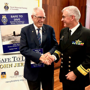 RADM Smith and John Jeremy - Book Launch - 'Safe to Dive' at ANZAC Memorial, Sydney