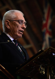 Vice President of the Naval Historical Society Mr John Jeremy, AM, speaks during the Australian White Ensign replacement ceremony at St John's church, Birchgrove, New South Wales.