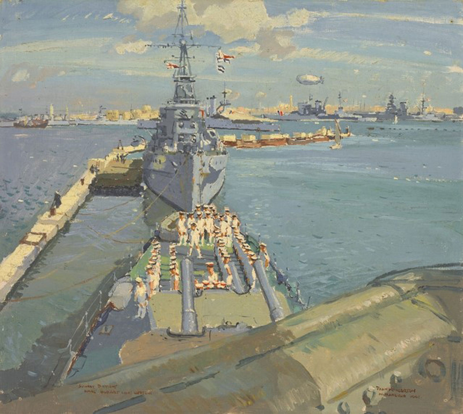 Sunday Divisions, HMAS Hobart and HMS Neptune moored in Alexandria by Frank Norton