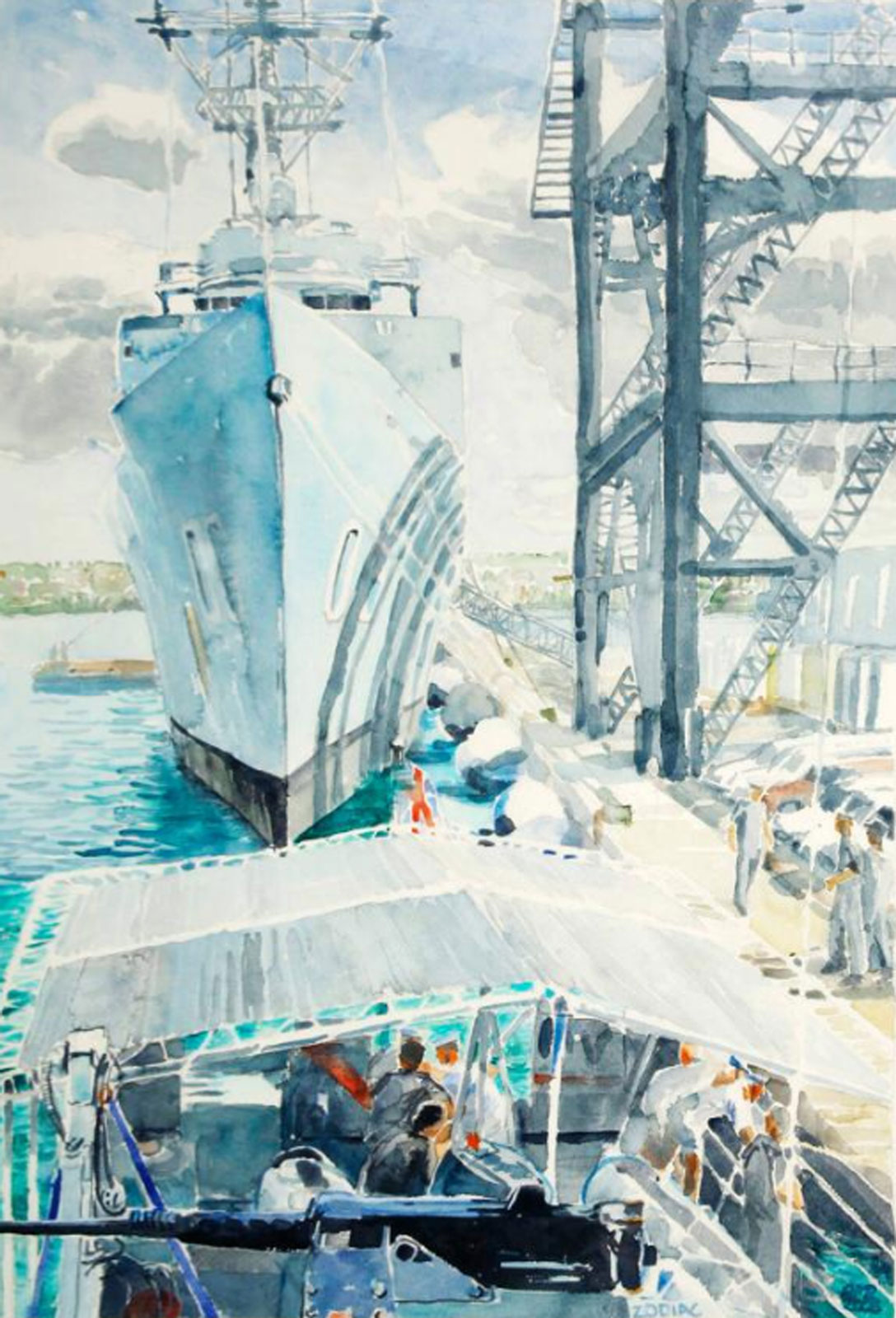 The crew of HMAS Townsville Tying Up Under the Bow of HMAS Newcastle by Robert McRae