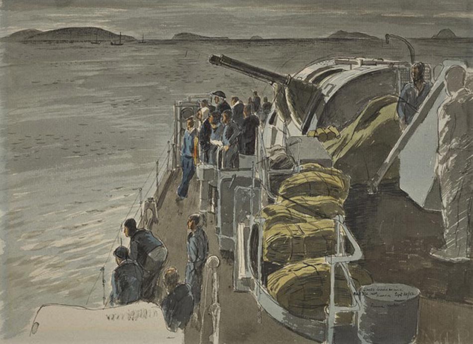 Watching the results of an early morning bombardment, HMAS Condamine by Frank Norton